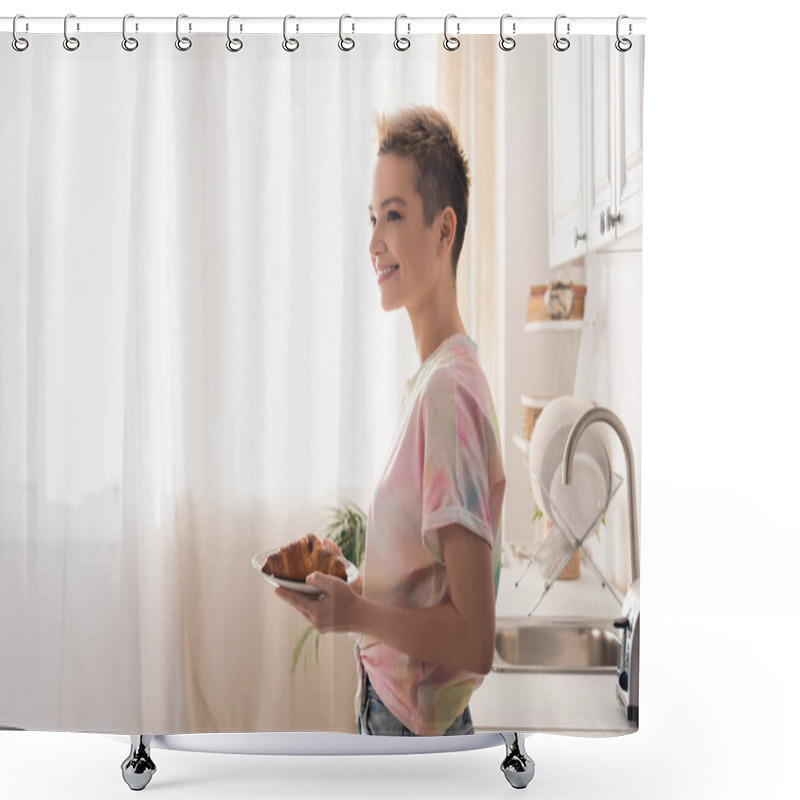 Personality  Side View Of Happy Bigender Person With Short Hair Holding Plate With Croissant In Kitchen Shower Curtains