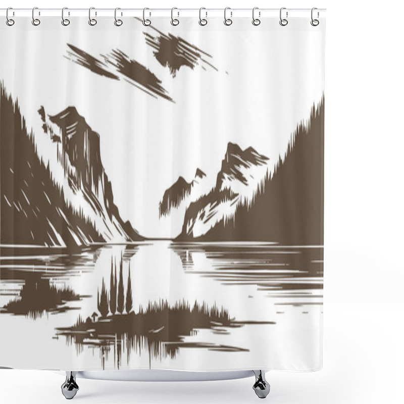 Personality  A Monochrome Woodcut-Style Illustration Of A Tranquil Mountain Lake With A Mysterious Celestial Body Shower Curtains