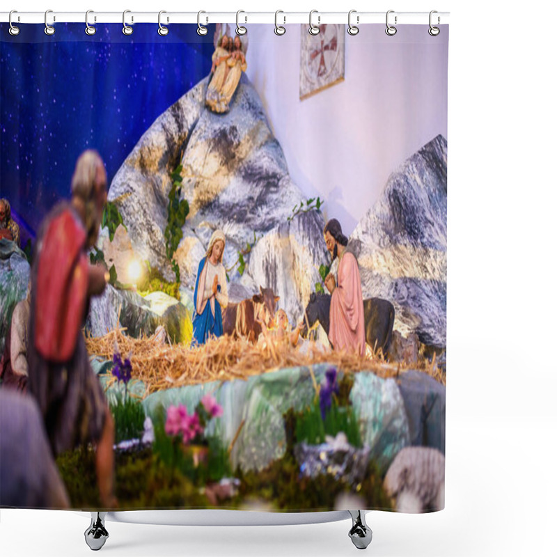 Personality  Elaborate Christmas Nativity Scene With Baby Jesus, Mary, Joseph, Shepherds, And Town Of Bethlehem In A Detailed Display Shower Curtains