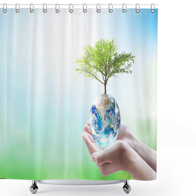 Personality  Tree Planting And  Earth With Volunteering Hands On Blur Blue Sky And Green  Background. Element Of The Image Furnished By NASA Shower Curtains