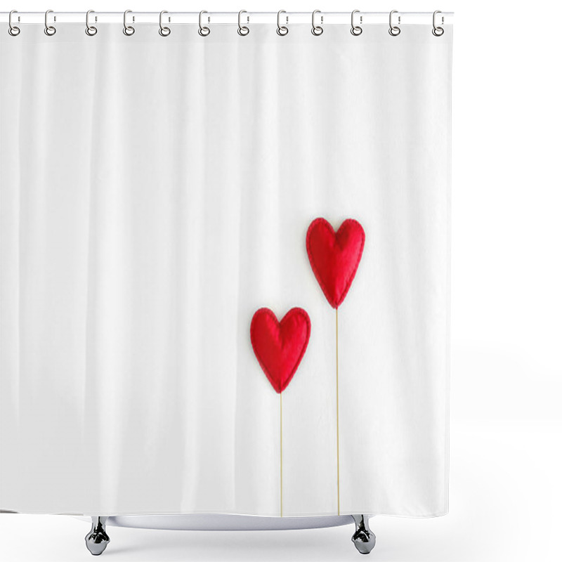 Personality  Felt Love Hearts On Booth Props On White Wooden Background. Valentine's Day Celebration Concept. Top View. Flat Lay. Copy Space Shower Curtains