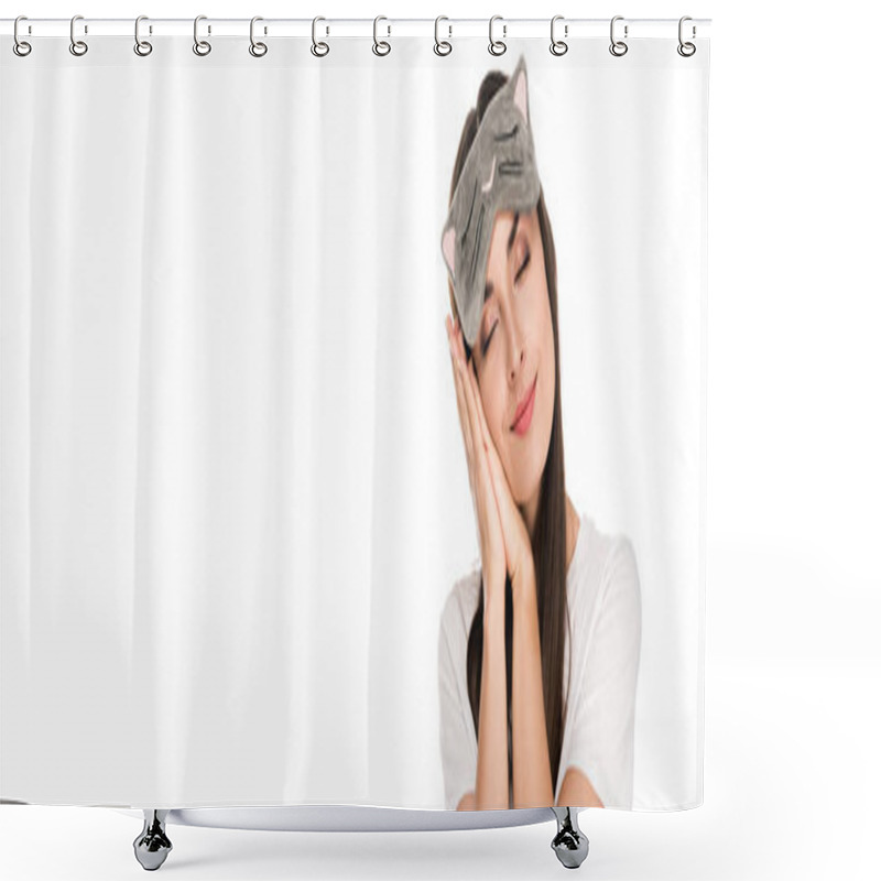 Personality  Brunette Young Woman In Cat Eye Mask Sleeping Isolated On White, Panoramic Shot Shower Curtains