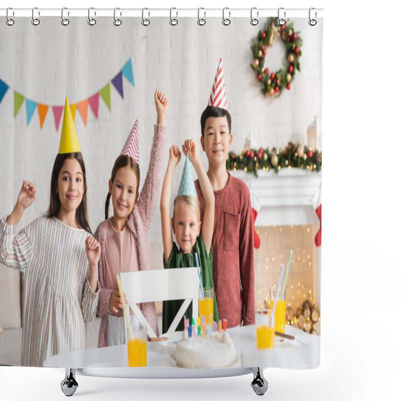 Personality  Excited Multiethnic Children In Party Caps Looking At Camera Near Birthday Cake During Party At Home In Winter  Shower Curtains