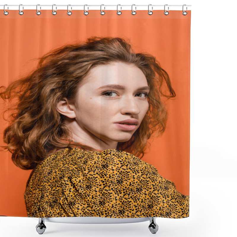 Personality  Portrait Of Stylish Redhead Woman With No-makeup Look Posing In Yellow Blouse And Looking At Camera Isolated On Orange, Stylish Casual Outfit And Summer Vibes Concept, Youth Culture Shower Curtains