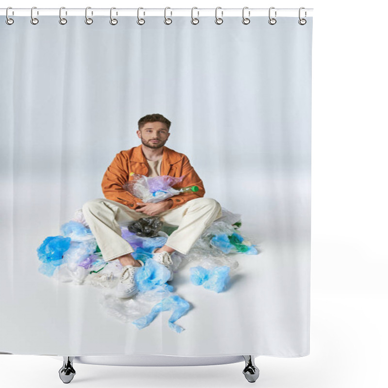 Personality  A Man Sits On A Pile Of Plastic Waste, Surrounded By Bags And Bottles. Shower Curtains