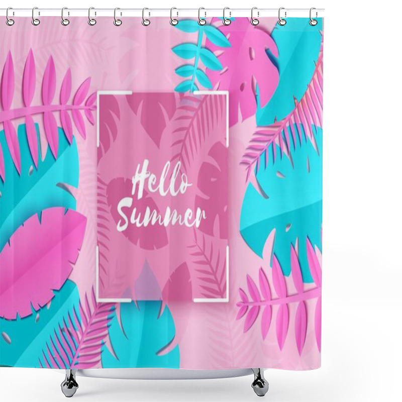 Personality  Summer Tropical Palm Leaves, Plants In Trandy Paper Cut Style. White Square Frame On Exotic Blue Pink Leaves On Yellow Sunny Background Hawaiian Summer. Square Glass Lable. Vector Card Illustration. Shower Curtains