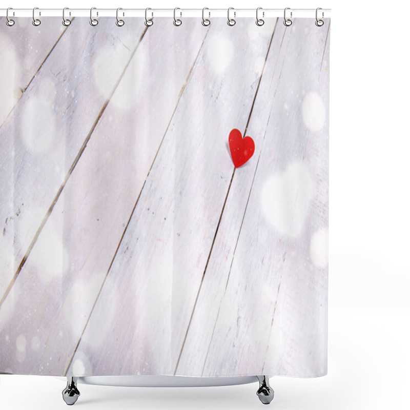 Personality  A Little Red Paper Heart With Bokeh Effect All Around On A White Wooden Background. To Express Love With A Simple And Deep Thought.  Shower Curtains