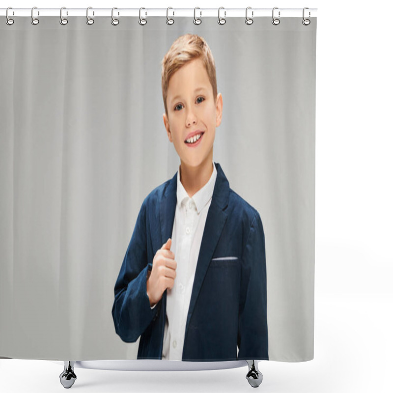 Personality  A Little Preadolescent Boy In A Blue Jacket And White Shirt, Exuding Elegance And Sophistication On A Gray Backdrop. Shower Curtains