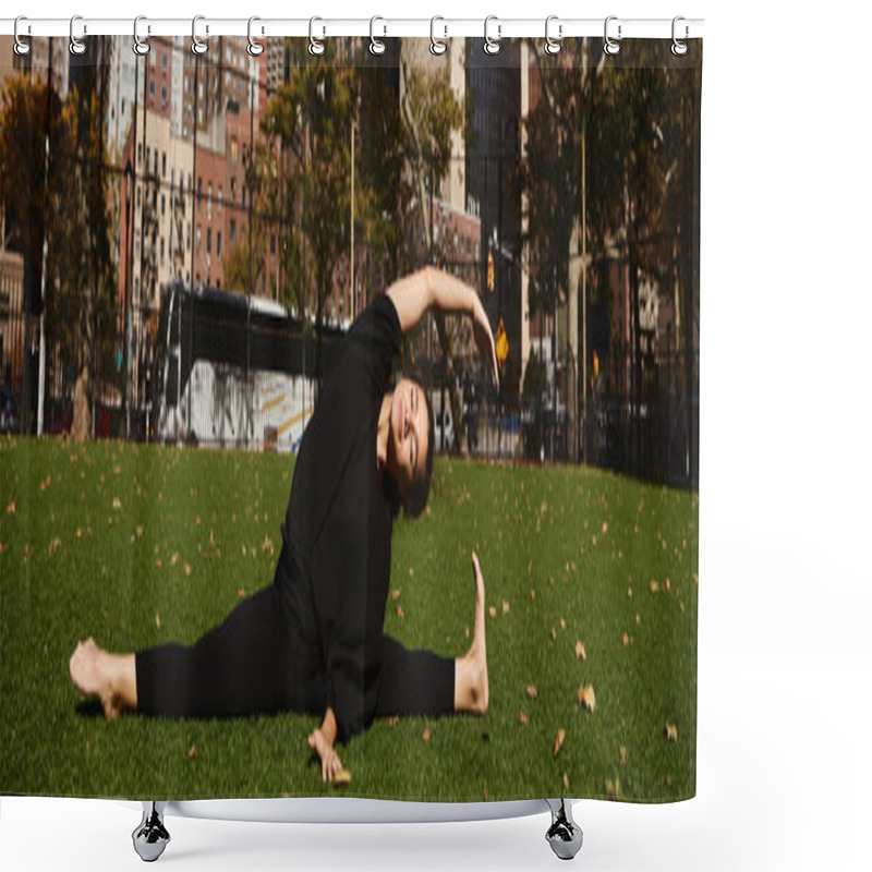 Personality  A Young Woman Performs A Graceful Dance Move In A New York City Park. Shower Curtains