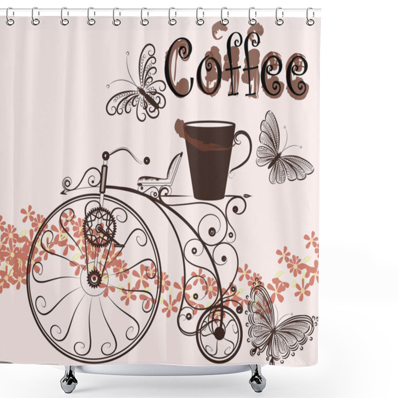 Personality  Coffee Background With Swirl Old-fashioned Bicycle And Coffee Cu Shower Curtains