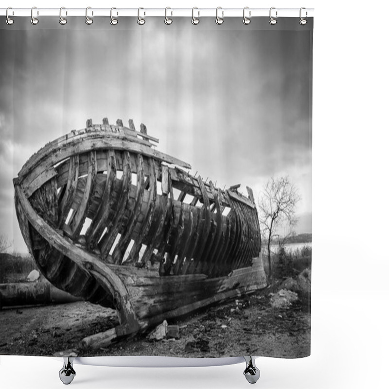 Personality  Ruins Of An Old Wooden Ship In Black And White Shower Curtains