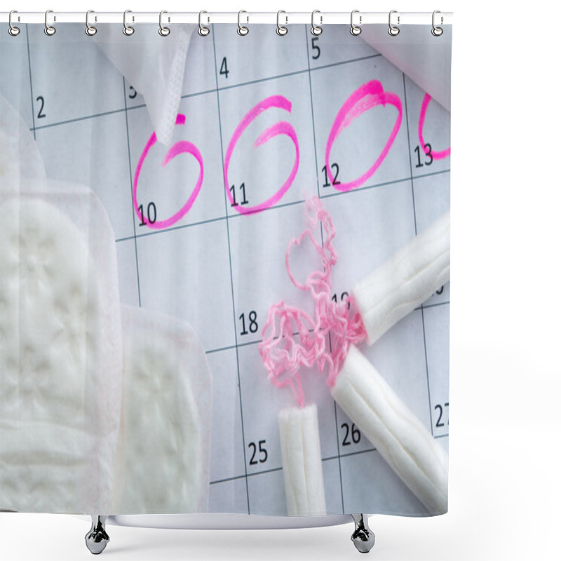 Personality  White Calendar With Pink Circles Around Menstruation Date Period And Clean Tampons Lying On Top Shower Curtains