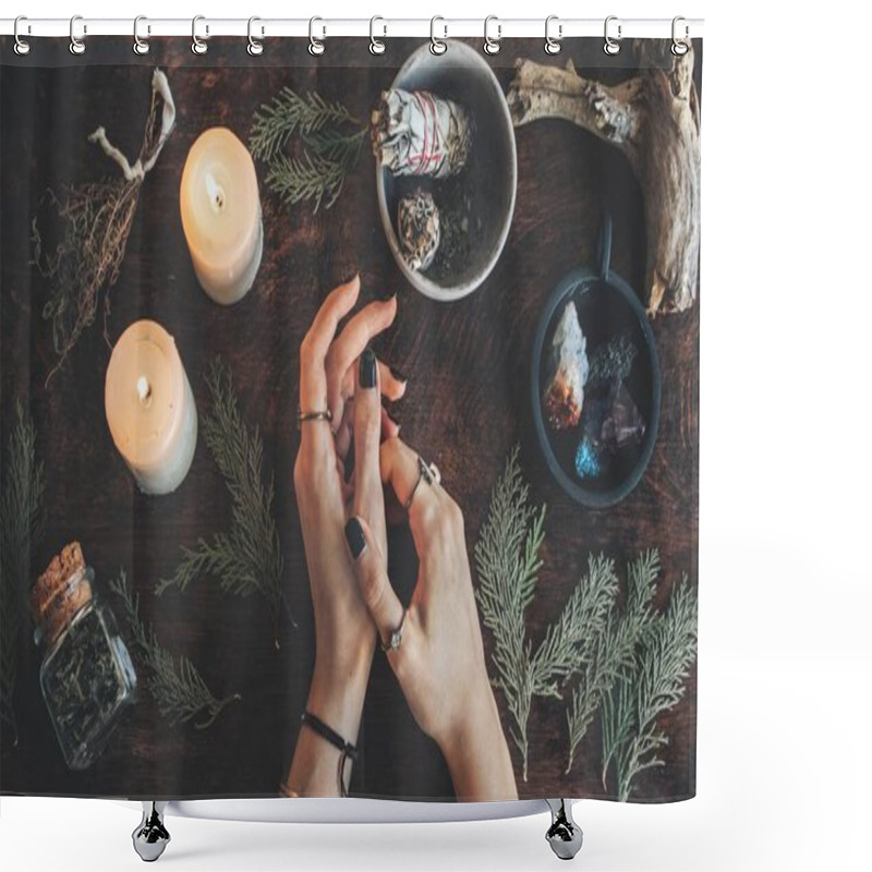 Personality  Witches Hands On A Table Ready For Spell Work. Wiccan Witch Altar Filled With Sage Evergreen Branches Herbs Crystals And Burning White Candles. Wearing Vintage Jewelry On Her Hands Shower Curtains