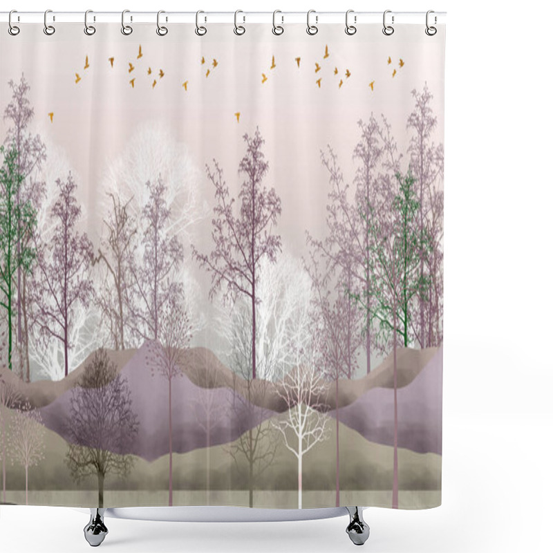 Personality  3d Modern Art Mural Wallpaper With Dark Blue Jungle , Forest Background . Golden Deer, Black Christmas Tree , Mountain , Moon With White Birds . Suitable For Use As A Frame On Walls . Shower Curtains