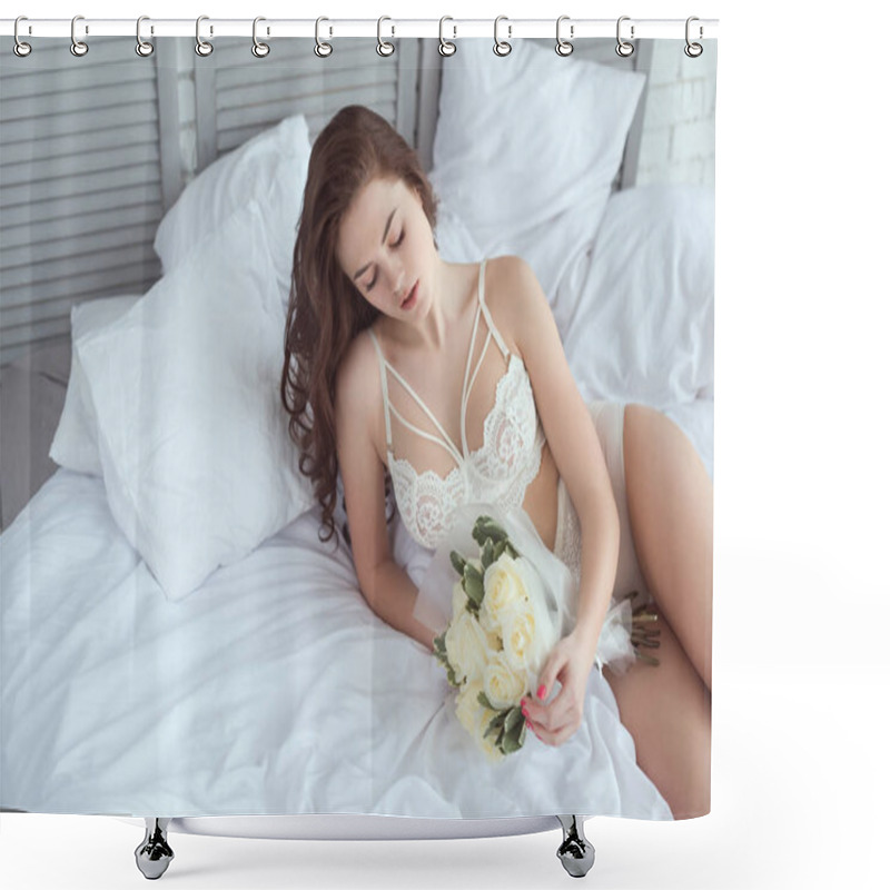 Personality  Sexy Woman In White Underwear With Bouquet Of Roses Resting On Bed Shower Curtains