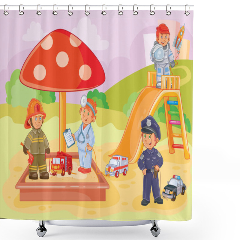 Personality  Vector Illustration Small Children Different Professions Playing In The Playground Shower Curtains