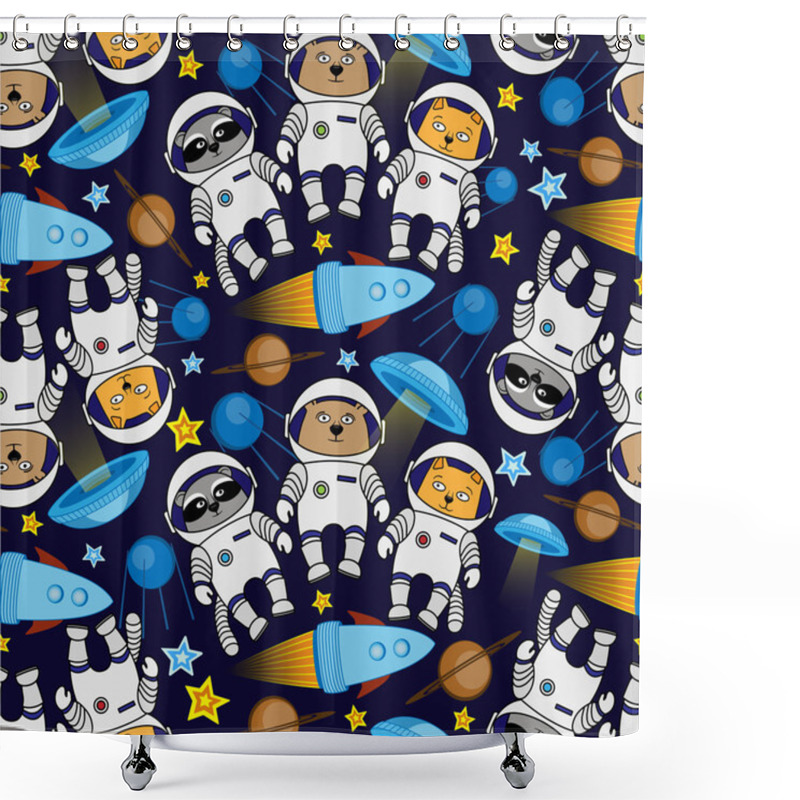 Personality  Seamless Cat, Bear, Raccoon Cosmos Astronaut Pattern Shower Curtains