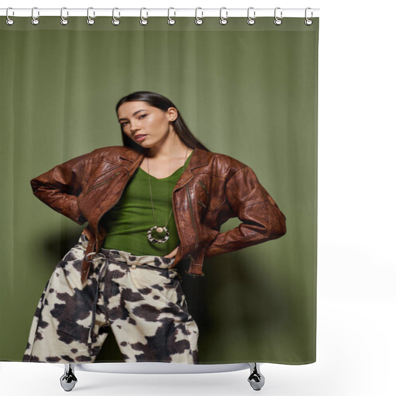 Personality  Young Woman In A Trendy Brown Leather Jacket And Patterned Pants Strikes A Pose With Confidence. Shower Curtains