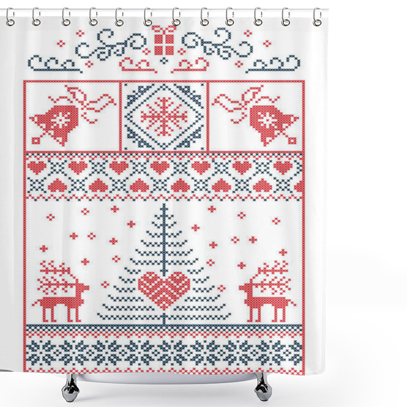 Personality  Scandinavian, Nordic Style Winter Stitching Christmas Pattern Including Snowflakes, Hearts,present, Snow, Star, Christmas Tree, Reindeer And Decorative Ornaments In Red, Blue In Rectangle Frame Shower Curtains