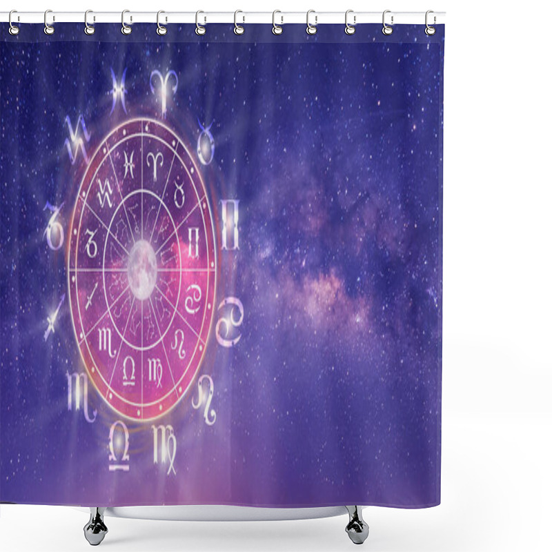 Personality  Astrological Zodiac Signs Inside Of Horoscope Circle. Astrology, Knowledge Of Stars In The Sky Over The Milky Way And Moon. The Power Of The Universe Concept. Shower Curtains