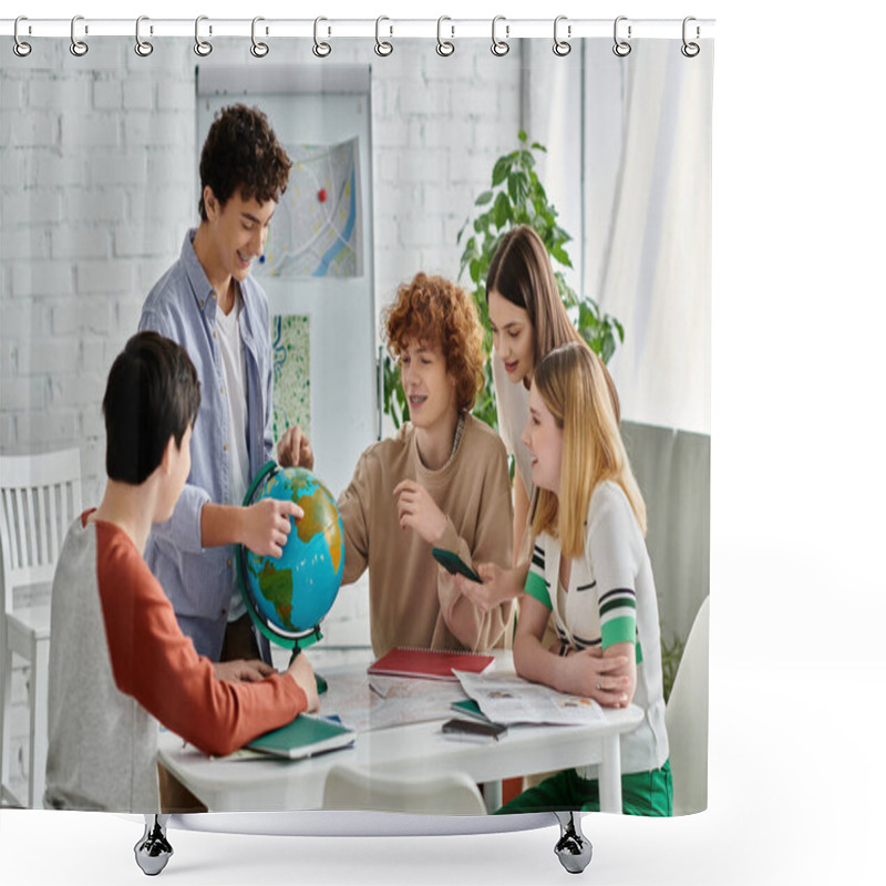 Personality  Teenagers Gathered Around A Globe, Engaged In A Discussion At A UN Model Conference. Shower Curtains