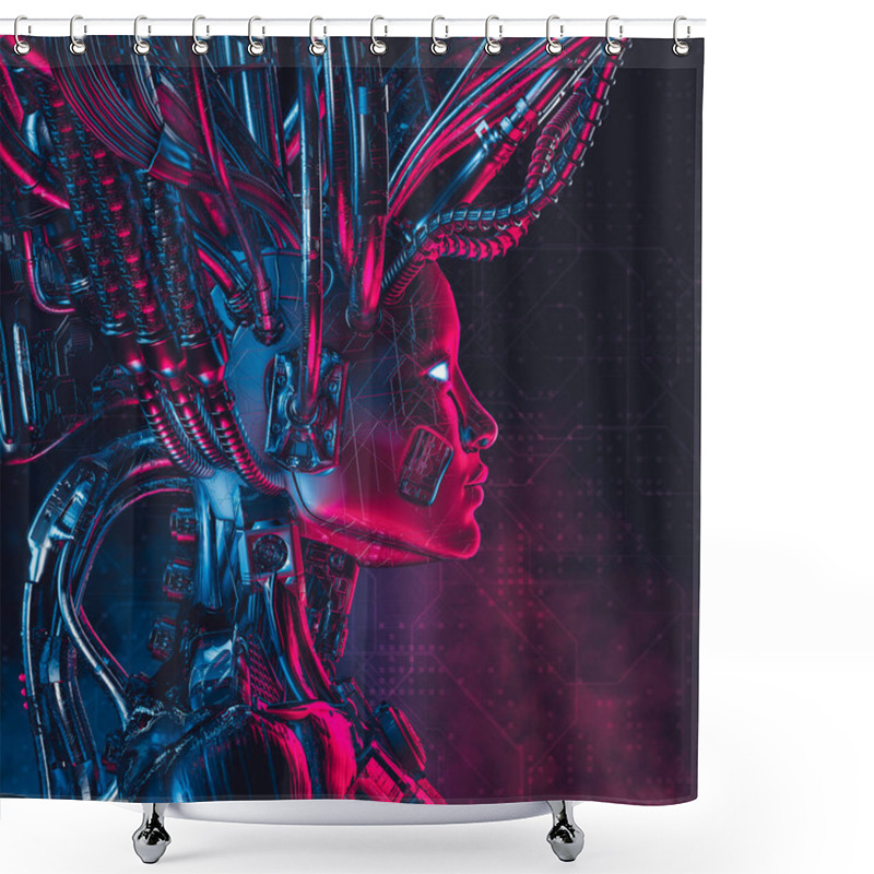 Personality  Bride Of The Machine - 3D Illustration Of Metallic Science Fiction Female Artificial Intelligence Inside Futuristic Computer Core Shower Curtains