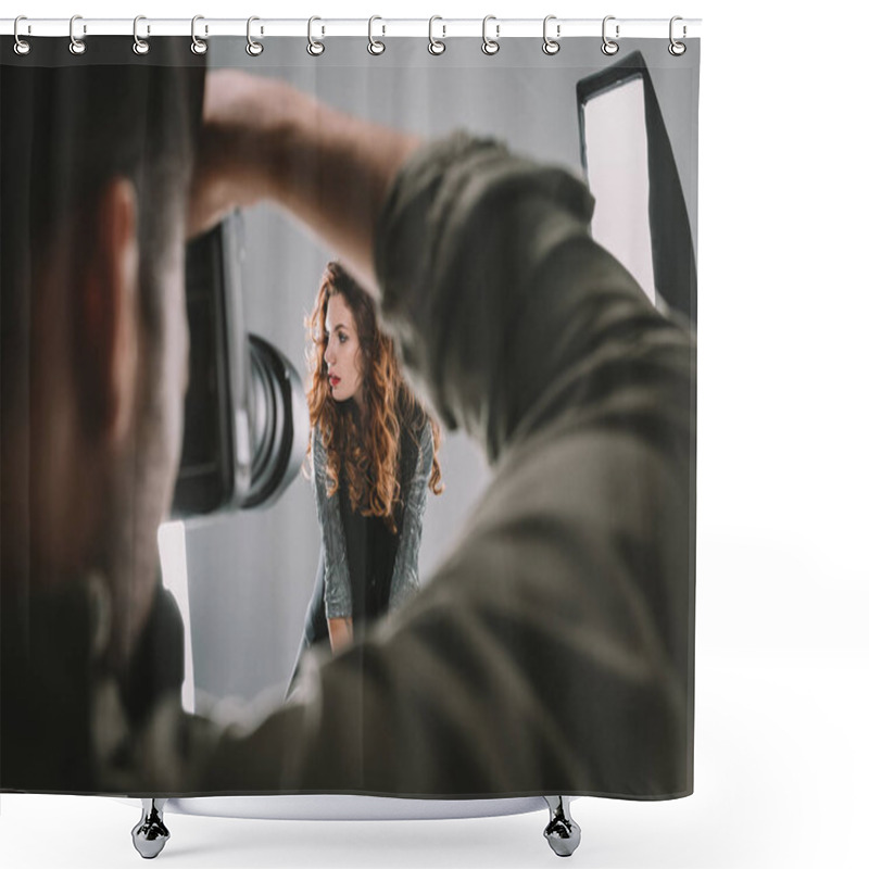 Personality  Taking Photos With Beautiful Model  Shower Curtains