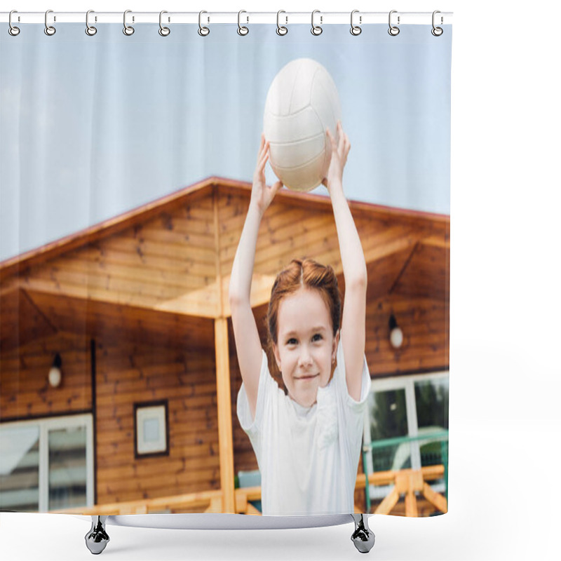 Personality  Adorable Little Child With Volleyball Ball Looking At Camera Shower Curtains