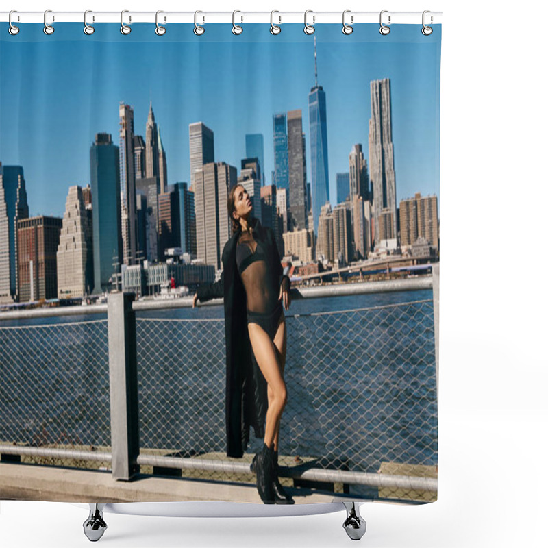 Personality  Young Woman Dances In NYC With Iconic Skyline. Shower Curtains