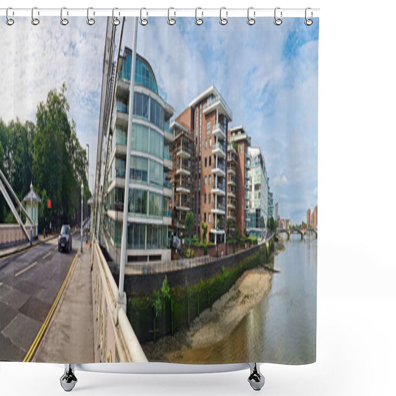 Personality  Low Angle High Resolution Image Of Central Chelsea London City On River Thames Albert Bridge Road Area London, England UK. June 3rd, 2024 Shower Curtains