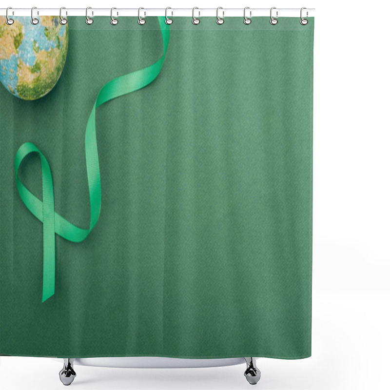 Personality  Top View Of Green Ribbon And Toy Earth On Green Background With Copy Space  Shower Curtains