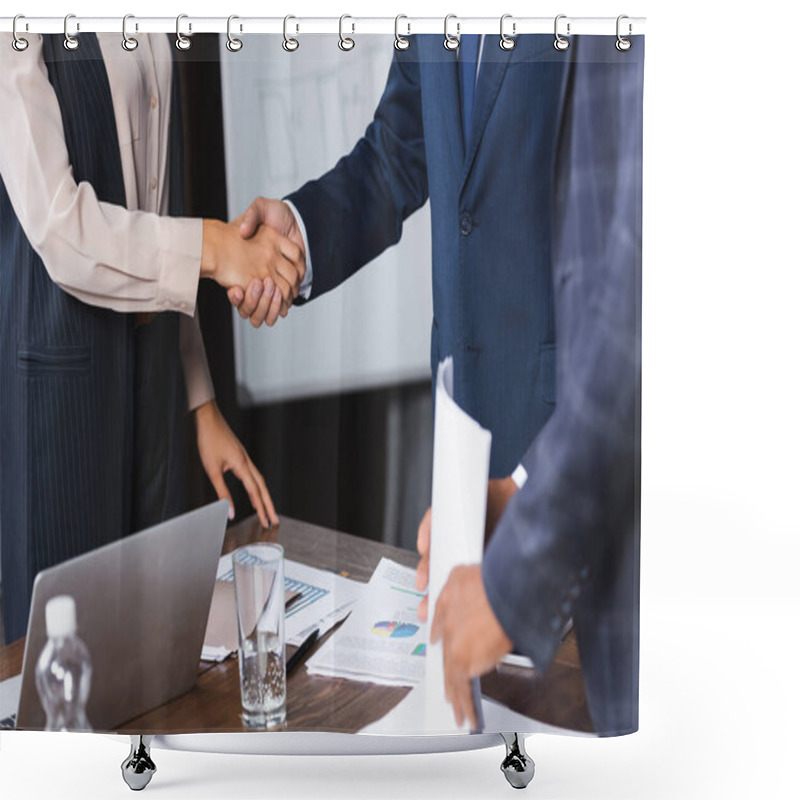 Personality  Cropped View Of Businesspeople Shaking Hands With Each Other Near Blurred African American Man On Foreground In Boardroom Shower Curtains