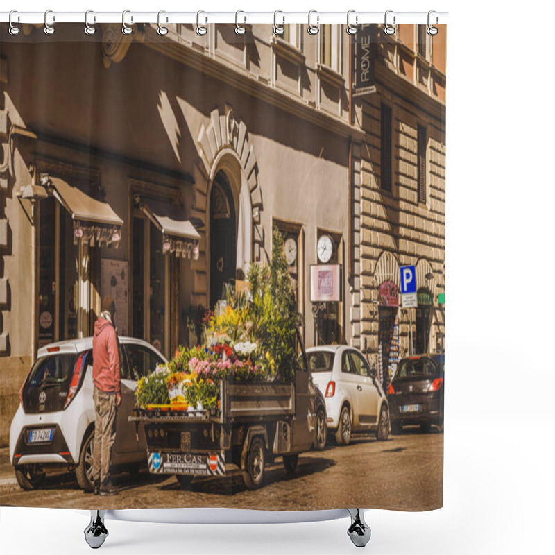 Personality  ROME, ITALY - 10 MARCH 2018: Man Selling Flowers From Truck On Street Of Rome Shower Curtains