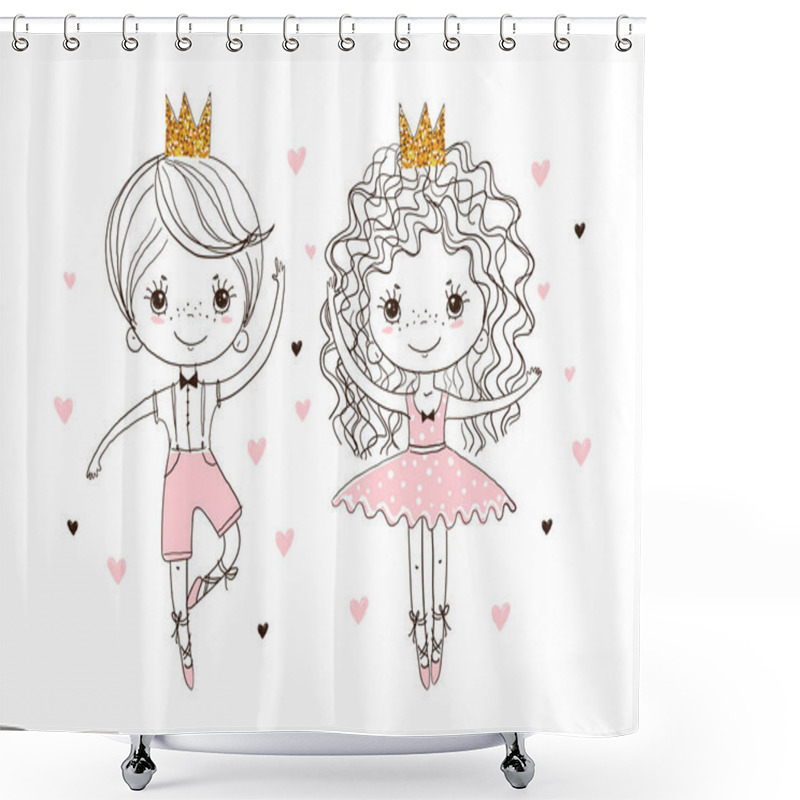 Personality  Little Prince And Princess In Pointe Shoes Are Dancing Ballet. A Boy And A Girl Are Engaged In Dancing. Cute Doodle Illustration, Linear Hand Drawing. Vector Isolated On White Background. Shower Curtains