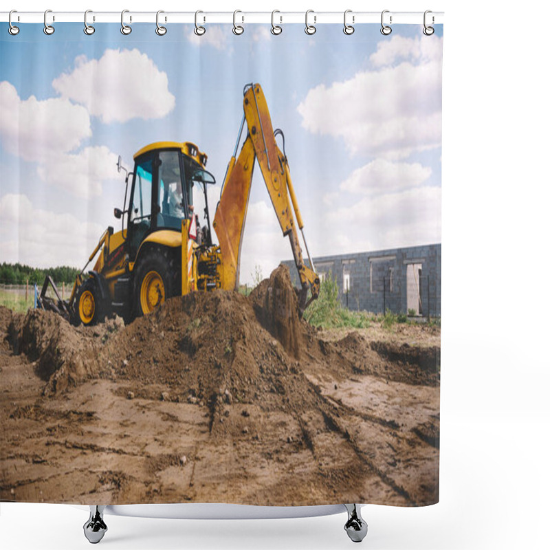 Personality  Excavator At House Construction Site - Digging Foundations For Modern House Shower Curtains