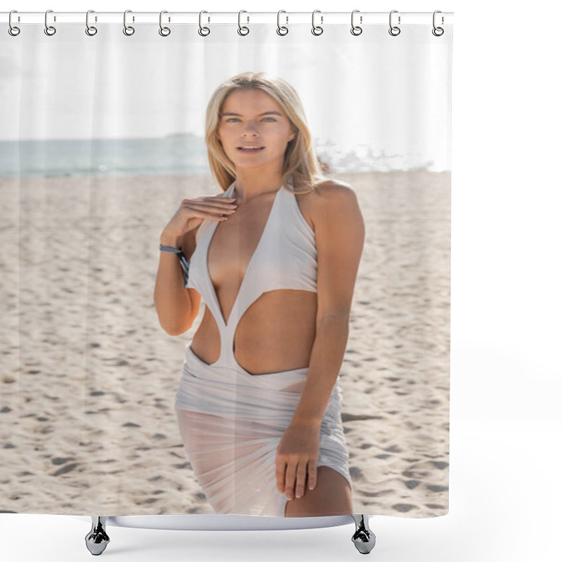 Personality  A Young, Blonde Woman Stands Gracefully On Miami Beach, Gazing Out At The Sea. Shower Curtains