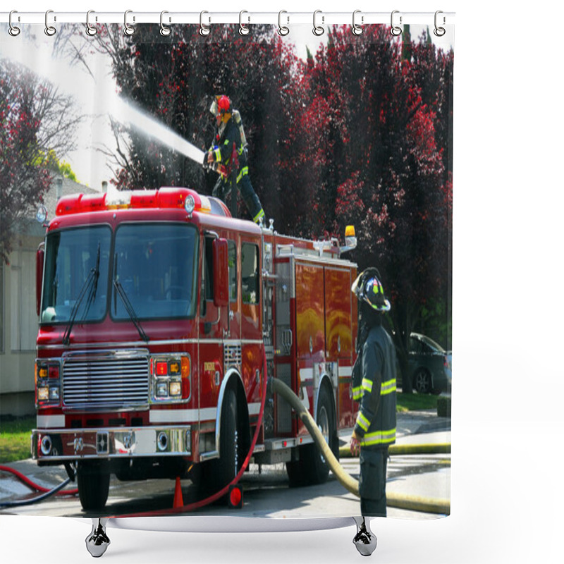 Personality  Firemen And Fire Truck At An Apartment Fire Shower Curtains