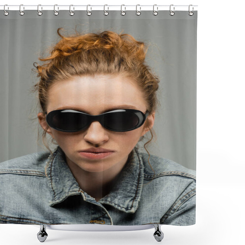 Personality  Portrait Of Young Redhead And Freckled Woman With Natural Makeup Posing In Sunglasses And Denim Jacket While Standing Isolated On Grey Background, Trendy Sun Protection Concept, Fashion Model  Shower Curtains