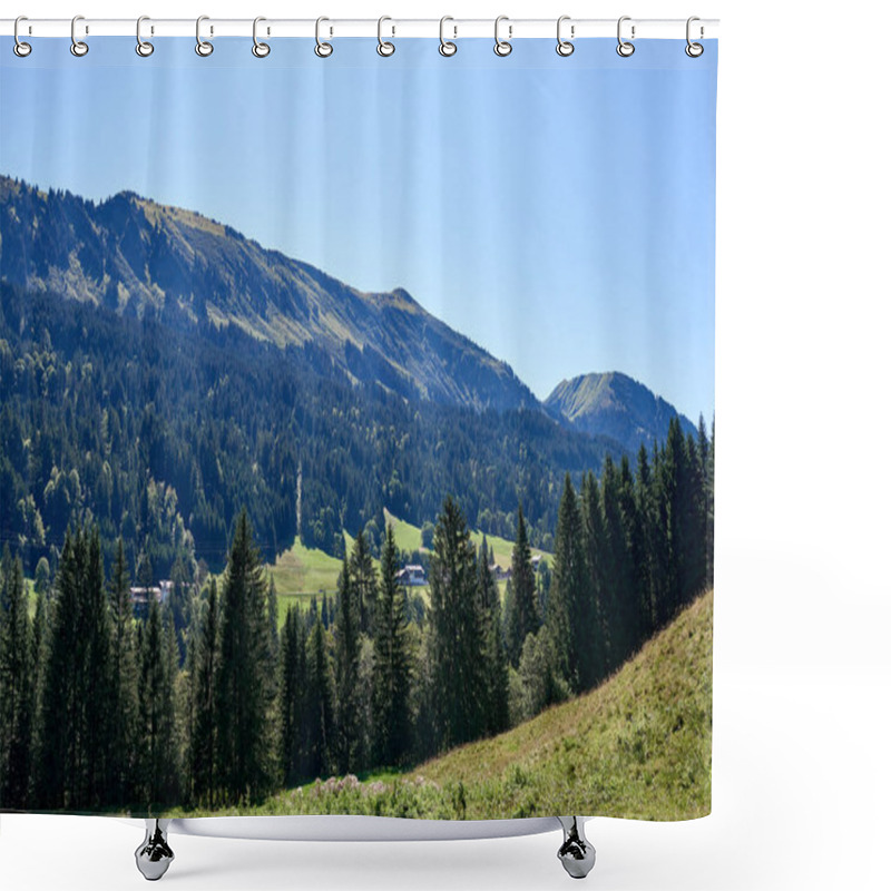 Personality  Experience The Serene Beauty Of An Alpine Landscape Featuring Azure Skies, Lush Evergreen Forests, And Serene Pastures. This Vibrant Summer Mountain Scene Captures The Harmony Of Nature With Pine Shower Curtains