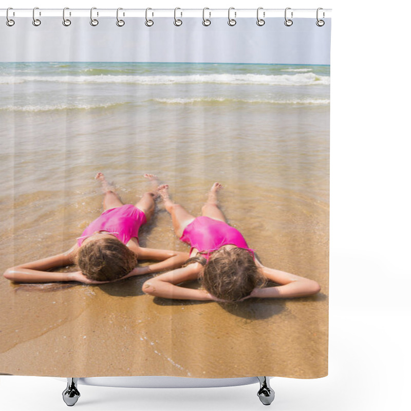 Personality  Two Girls Lie On Your Back On The Sandy Beach Halfway In The Wate Shower Curtains