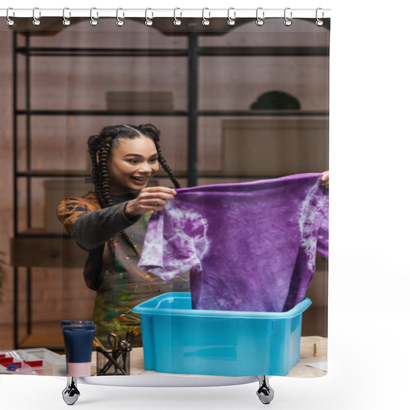 Personality  Positive African American Craftswoman Holding T-shirt In Tie Dye Style Near Box In Workshop  Shower Curtains