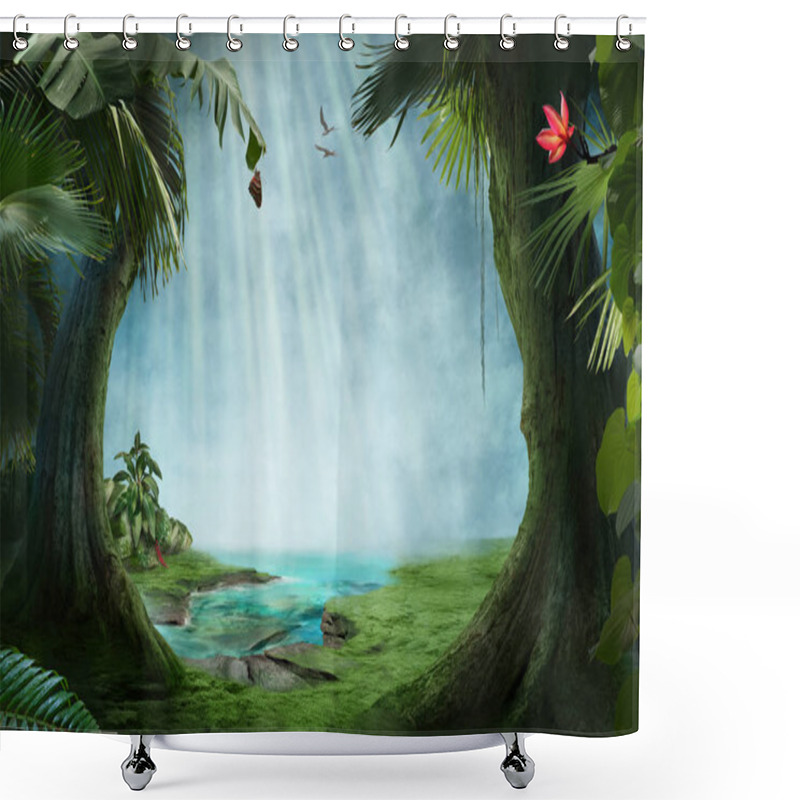 Personality  Beautiful Jungle Beach Lagoon View With Palm Trees And Tropical Leaves, Can Be Used As Background Shower Curtains