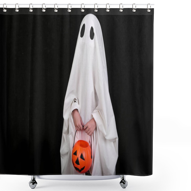 Personality  White Ghost With A Knife In Blood On Black Background. Halloween Holiday Party.  Shower Curtains