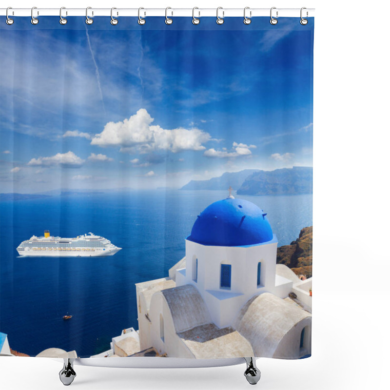 Personality  Traditional Blue Dome With Sea, Santorini Shower Curtains