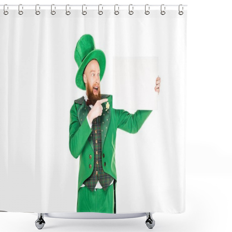 Personality  Leprechaun In Green Suit Pointing At Blank Placard, Isolated On White Shower Curtains