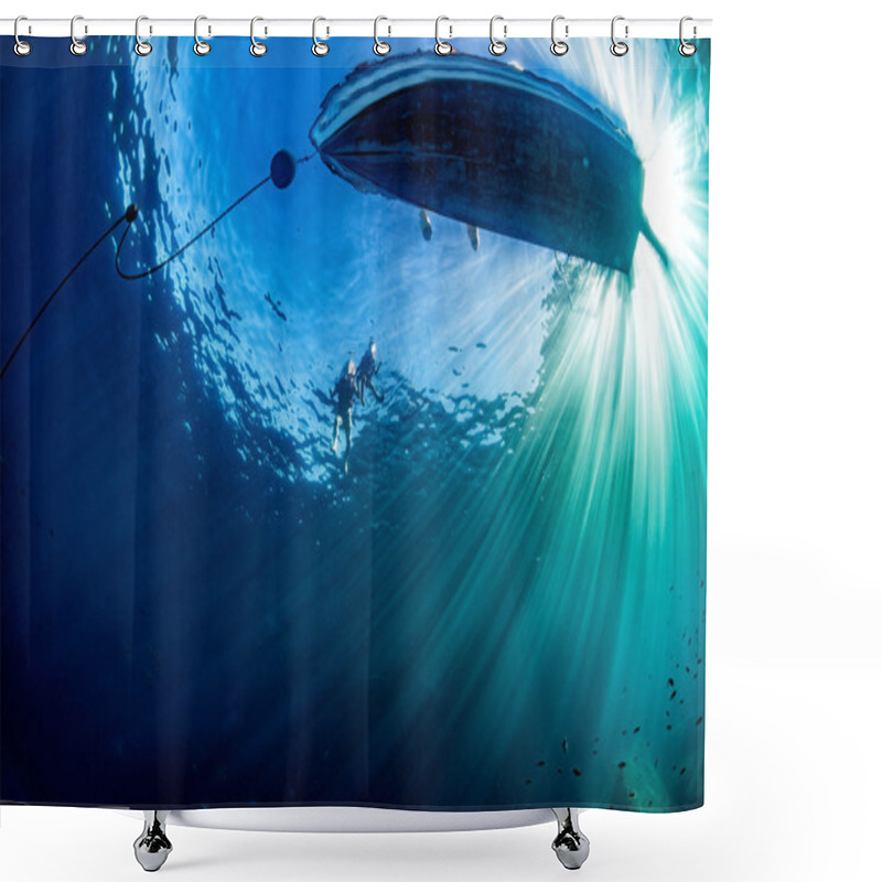 Personality  Boat Ship From Underwater Blue Ocean With Sun Rays Shower Curtains