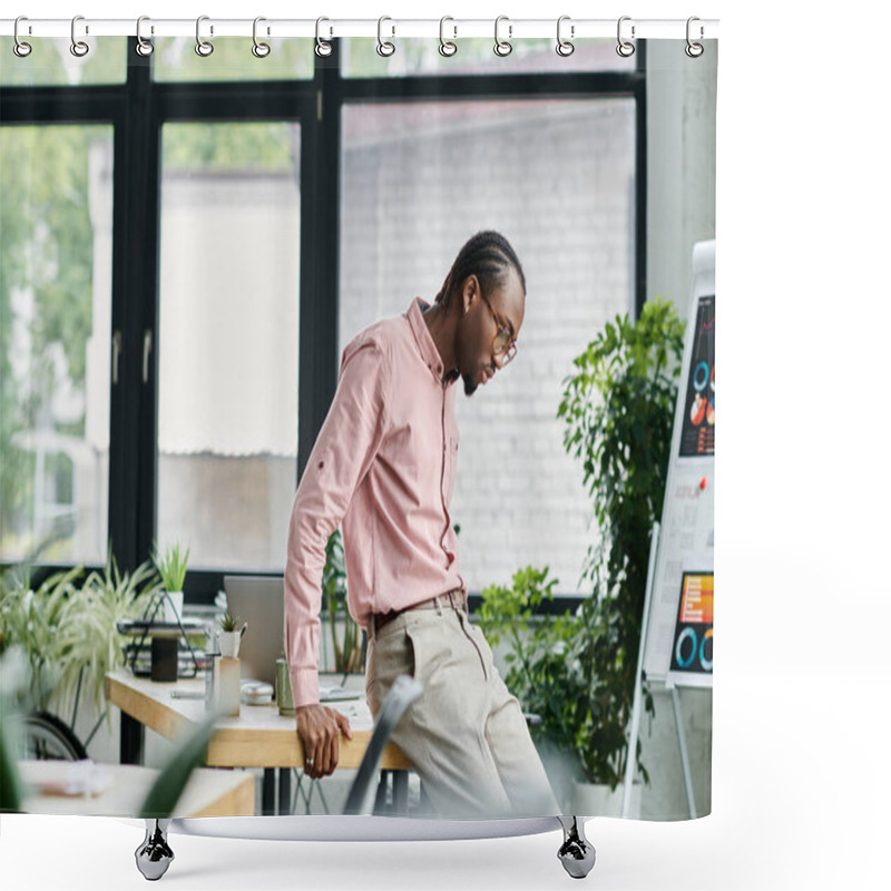 Personality  A Young African American Man Works Diligently In A Stylish Office Filled With Plants And Creativity. Shower Curtains