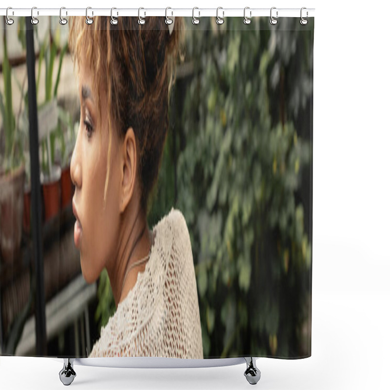 Personality  Side View Of Young African American Woman In Summer Knitted Top Looking Away While Spending Time In Blurred Garden Center At Background, Fashionista Blending In With Tropical Flora, Banner Shower Curtains