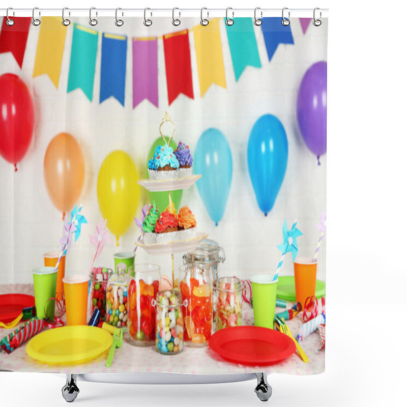 Personality  Prepared Birthday Table With Sweets For Children Party Shower Curtains