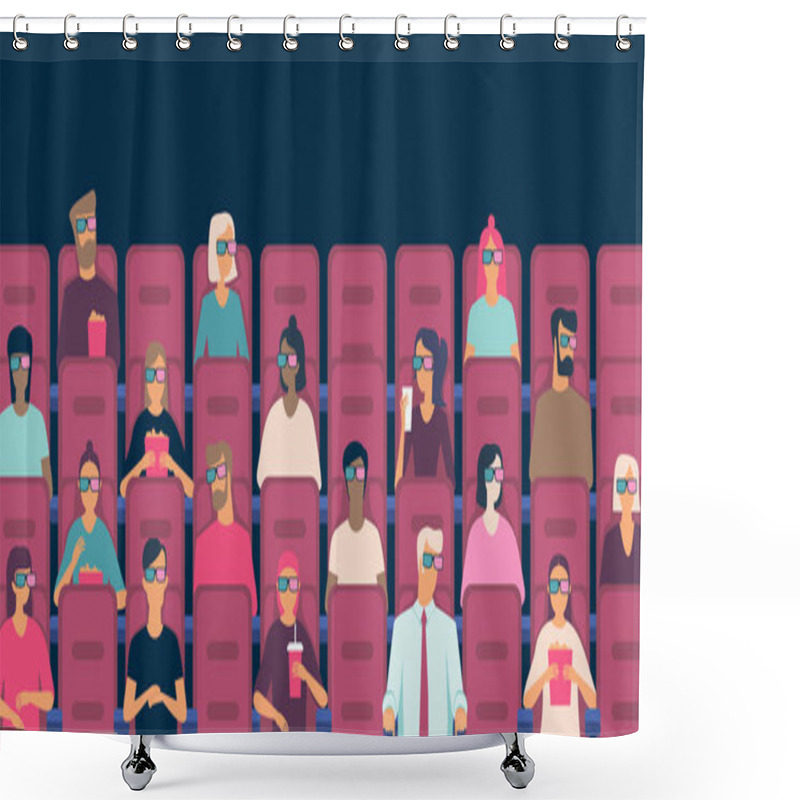 Personality  People Watching Movie In Cinema Hall Eatingpopcorn Wearing 3D Glasses.Social Distancing Concept In Public Places After Covid-19 Coronavirus Pandemic. Flat Vector Illustration Shower Curtains